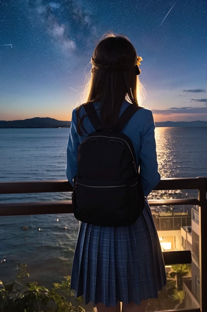Student girl、Back view、Stargazing、uniform、Starry Sky、night、Seaside