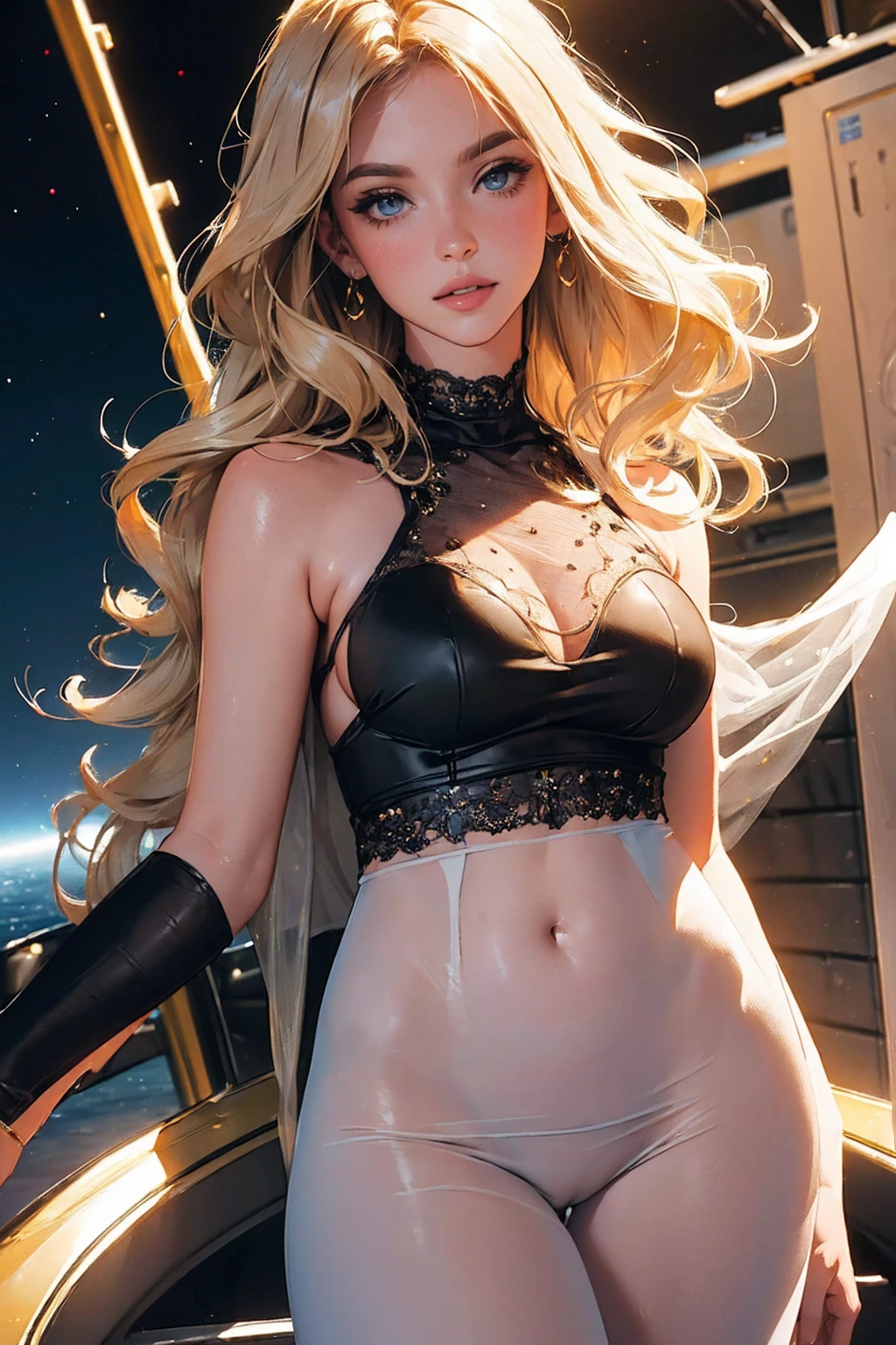 ((((masterpiece, best quality, high resolution)))), Extremely detailed 8K, Beautiful girl with slender body, e-girl, (Ultra HD, Ultra-detailed, Highly detailed, Highly realistic, Ultra-realistic, photograph realistic), (1girl:1.5), (Realistic blonde hair with dark roots), wavy hair, boho bob cut,(dark makeup, pink eyeshadow), facing at camera, light smile, (white and gold outfit, see through clothes, wet skin, transparent). (space cruise), coy grin