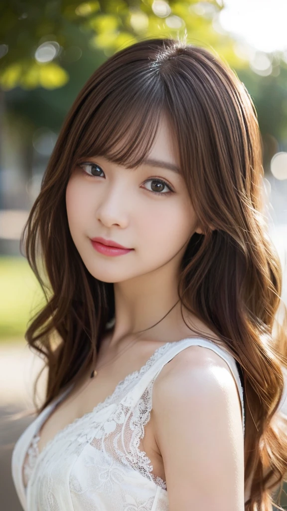 (1girll:1.2),(8k, Best Quality, tmasterpiece), (Realistic, Photorealsitic:1.37), ultra - detailed, adolable, solo, Cute Japan Woman,brown haired,By bangs, Curly, Hair on the shoulders, beautiful and delicate eyes,Eyes speak,long eyelasher, ssmile,Moisturizes skin,V Neck White Lace Dresagnificent view,Evocative,so sexy,Bright sunshine、Detailed background、