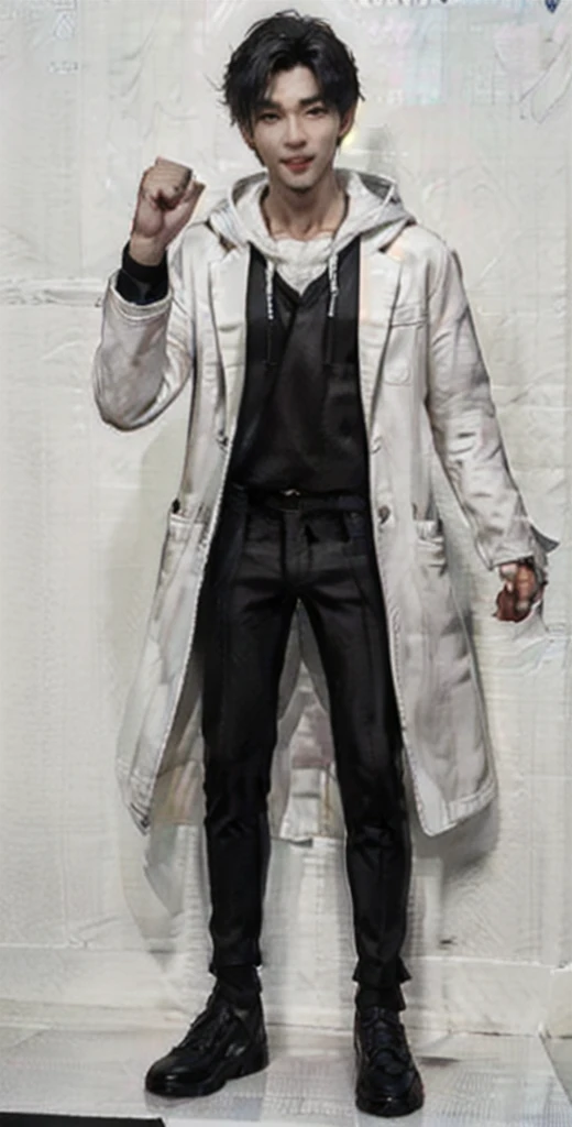 (OK Sign.:1.3),(photorealistic:1.2), (high detail face:1.3), (high detail hands:1.3), (anatomically correct hands:1.2), handsome young asian man, Japanese idol style, short clean-cut hair, ((center part)), (crisp white lab coat:1.3), ((black hoodie underneath:1.2)), (black pants:1.2), (black shoes:1.2), (enthusiastic expression:1.3), ((explain pose:1.4)), (both arms raised:1.3), (clenched fists:1.3), (energetic stance:1.2), plain white background, mid-shot portrait, full body view, high quality, detailed, 8K, (realistic skin texture:1.2), (sharp focus:1.1), (contrast between white coat and black clothing:1.2)