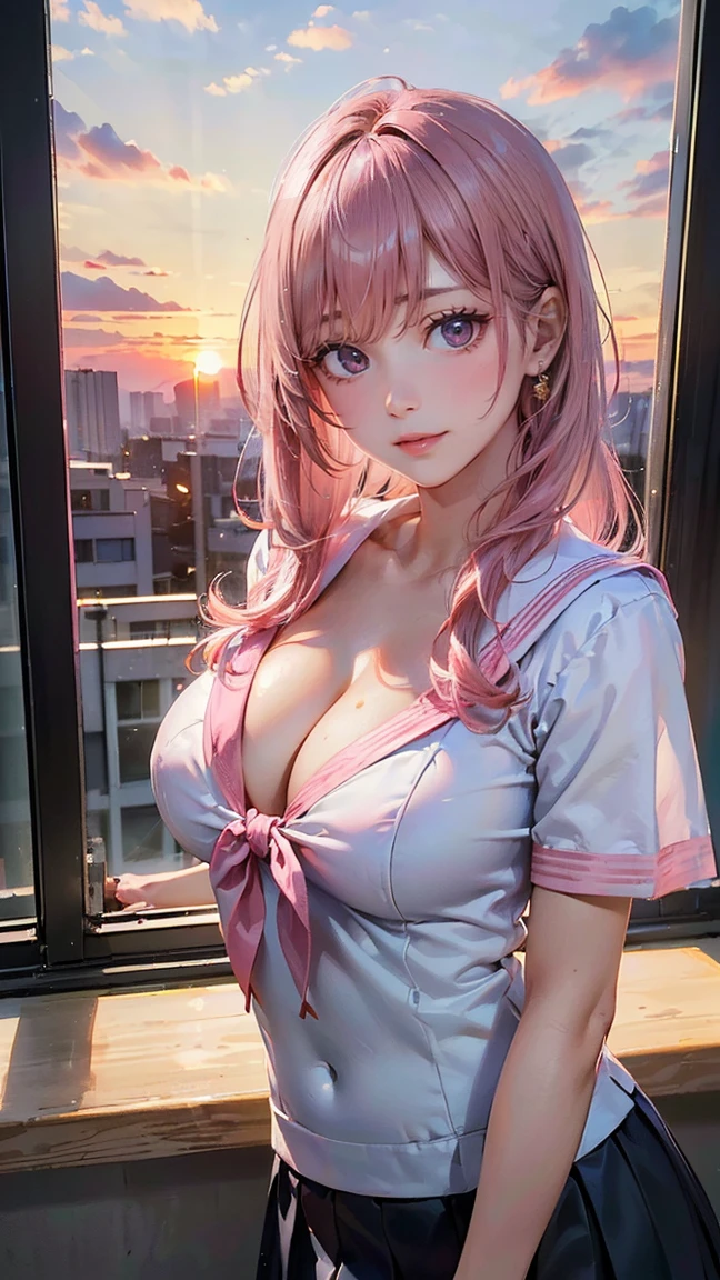 ((Highest quality, 8k, masterpiece :1.3)), (Sharp focus :1.2, Beautiful woman with perfect figure :1.4, Slim Abs), ((Big Breasts, Emphasize cleavage:1.2)), (Photorealistic:1.4), (realistic:1.4), (Pink Hair:1.5), Highly detailed face and skin texture, Fine grain, double eyelid. Makeup face, A little bit of lipstick, sex appeal, Sexy gravure pose, ((She wore a white sailor suit and a blue skirt、A high school girl with medium-long black hair、Posing sexy by the classroom window while looking outside。A sunset spreads in the background。:1.3)