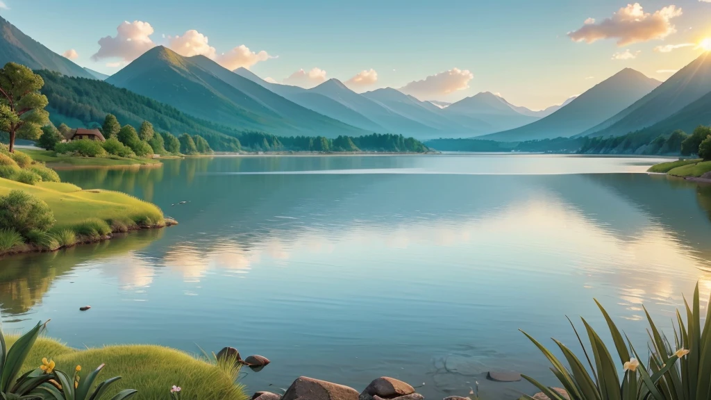 This photo depicts a peaceful landscape with the sun rising or setting near the horizon, radiates warm light. There is a calm body of water that reflects the sky and sun, surrounded by land with gentle slopes. On one side of the water body are snow-capped hills or mountains, while on the other side is green grass terrain that looks like a beach or riverbank. The calmness of the water and soft lighting create a peaceful atmosphere.