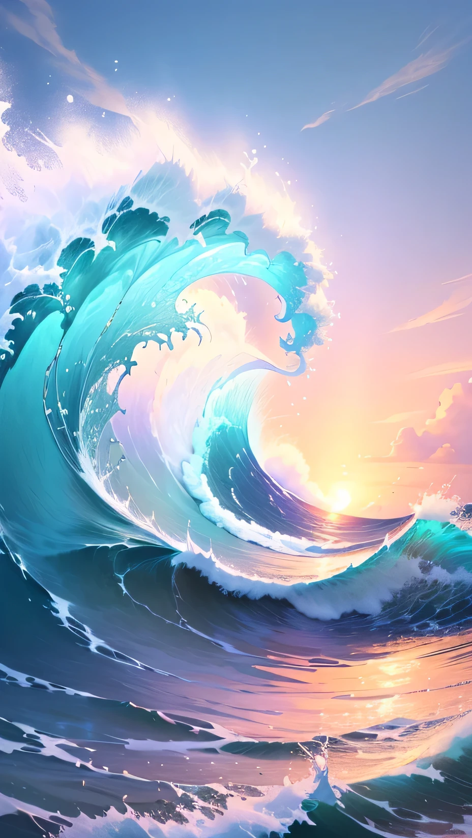 Anime style illustrations，Depicting the scene of waves hitting the ocean,Waves&#39; rolling posture changes， Steamwave surreal ocean, dream wave aesthetic, vaporwave ocean, Pastel Wave, 4k hd illustration wallpaper, background technologywork, Energy Wave, Beautiful art UHD 4K, Magical Ocean, 4k detailed digital art, 4k highly detailed digital art, Waves, background technology