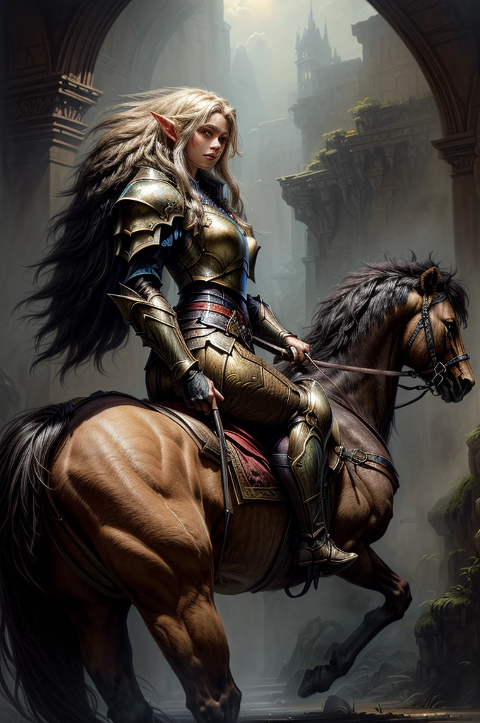 Masterpiece, Best quality, Ultra-detailed, illustration, epic lighting, Cinematic composition. fantasy, a elf paladin girl riding large long mane lion. oil painting