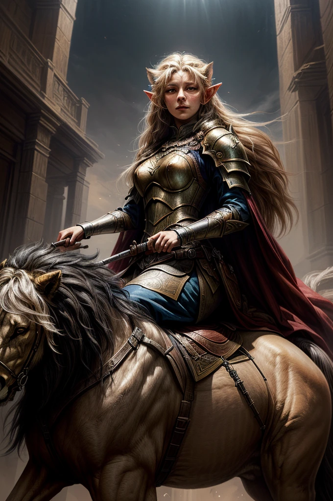 Masterpiece, Best quality, Ultra-detailed, illustration, epic lighting, Cinematic composition. fantasy, a elf paladin girl riding large long mane lion. oil painting