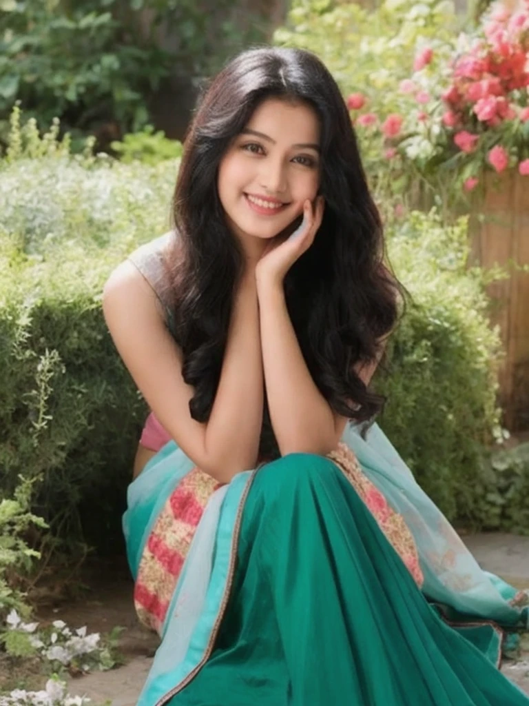 A beautiful Indian woman poses in a garden . She wears a Traditional Indian Saree, atmosphere of the fantasy , her long black hair is styled in soft waves, her whole body, cute and happy , teenager , super cute , smile