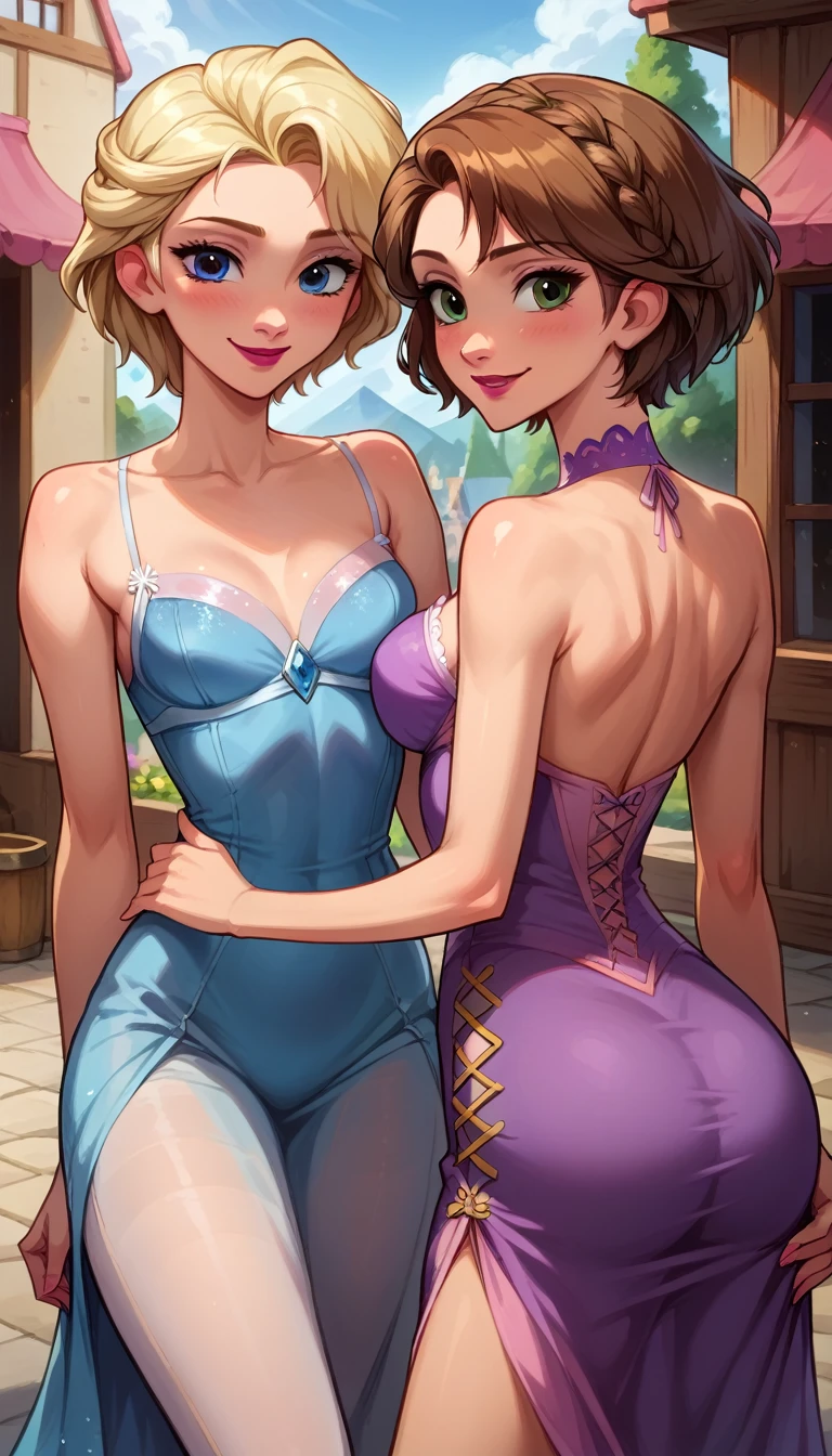 Score_9, score_8_up, score_7_up, rating_safe, source_comic, detailed soft lighting, 2girls, BREAK, Elsa from Frozen, (blonde hair, braid, ice blue dress:1.3), BREAK, Rapunzel from Tangled, (brown hair, short hair, purple dress:1.5), BREAK yuri, girlfriends, on a romantic date, walking through town, smile, beautiful eyes, open eyes, (masterpiece, best quality, highly detailed, beautiful), SFW.