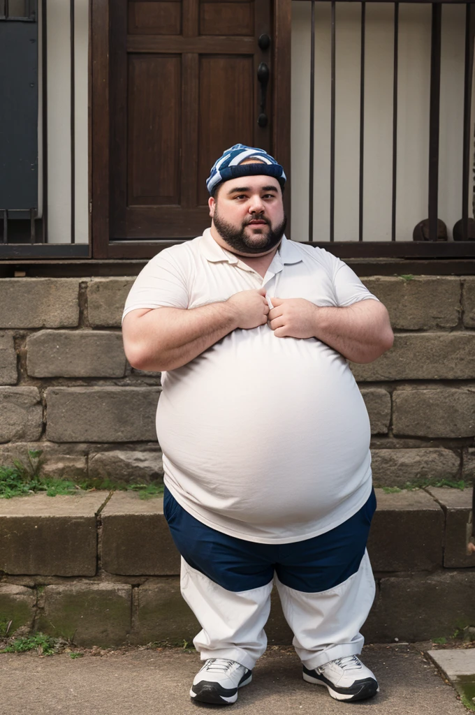 A mature chunky bearded Asian man with a bigger body size, big pregnant belly, low angle view, tied with ropes, big penis, with another man being squeezeed