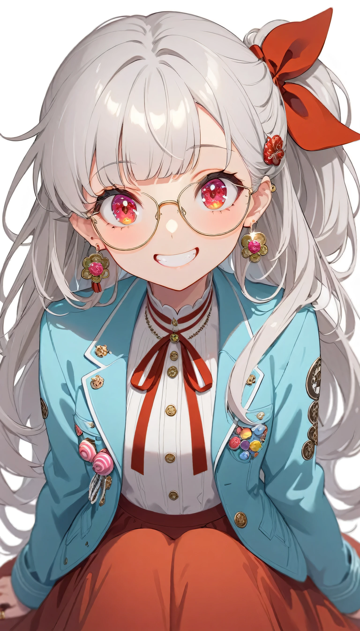 One girl, alone, Long Hair, View your viewers, smile, bangs, ((Blue Jacket)), Red pastel skirt、Red eyes,White hair in the eye、Beautiful eyes that shine、White boater hat with red ribbon、White Jewelry, Sitting, Jacket, Upper Body, Silver Hair、 earrings, Glasses, teeth, Grin, open Jacket, Earrings, ring, ear Earrings,Colored Glasses, White Background、White background,Umaibo、Candy、Eat sweets