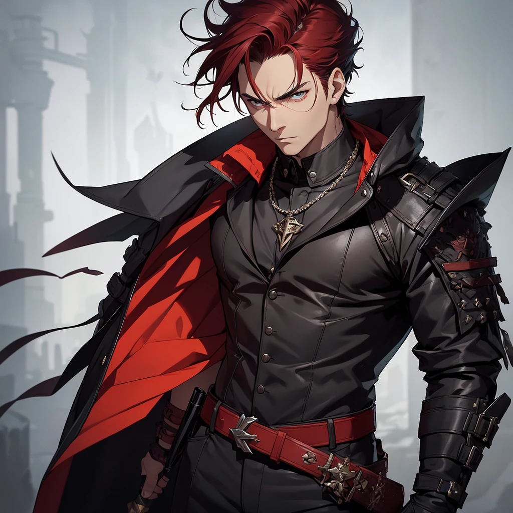 The male character has short, dark red hair styled in a slightly messy yet deliberate manner. His eyes are a striking amber, exuding a sense of confidence and determination. He has a stern and focused expression. He wears a black, high-collared coat with silver buttons and intricate detailing, reminiscent of a military or ceremonial uniform. The coat flows down dramatically, with a vibrant red inner lining that adds a bold contrast to his appearance. Attached to the coat is a hood that frames his face, adding an element of mystery and stealth.
Underneath the coat, he sports a fitted, black, buttoned shirt paired with black pants and a belt adorned with a chain, completing his sleek and polished look. He has fingerless gloves on his hands, adding a touch of ruggedness. Around his neck, he wears a silver necklace that complements his overall attire. The character wields a katana with a beautifully detailed hilt, reinforcing his warrior persona.
In addition to the katana, he carries another sword, the size of a dagger. This secondary weapon is broken, with its blade jagged and incomplete. Its sheath is adorned with a small piece of cloth, giving it a weathered and battle-worn appearance. His stance and expression reflect a formidable and confident demeanor, ready for any challenge.