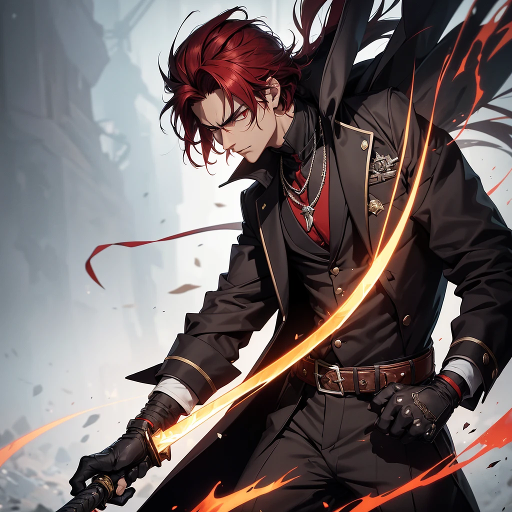 The male character has short, dark red hair styled in a slightly messy yet deliberate manner. His eyes are a striking amber, exuding a sense of confidence and determination. He has a stern and focused expression. He wears a black, high-collared coat with silver buttons and intricate detailing, reminiscent of a military or ceremonial uniform. The coat flows down dramatically, with a vibrant red inner lining that adds a bold contrast to his appearance. Attached to the coat is a hood that frames his face, adding an element of mystery and stealth.
Underneath the coat, he sports a fitted, black, buttoned shirt paired with black pants and a belt adorned with a chain, completing his sleek and polished look. He has fingerless gloves on his hands, adding a touch of ruggedness. Around his neck, he wears a silver necklace that complements his overall attire. The character wields a katana with a beautifully detailed hilt, reinforcing his warrior persona.
In addition to the katana, he carries another sword, the size of a dagger. This secondary weapon is broken, with its blade jagged and incomplete. Its sheath is adorned with a small piece of cloth, giving it a weathered and battle-worn appearance. His stance and expression reflect a formidable and confident demeanor, ready for any challenge.
