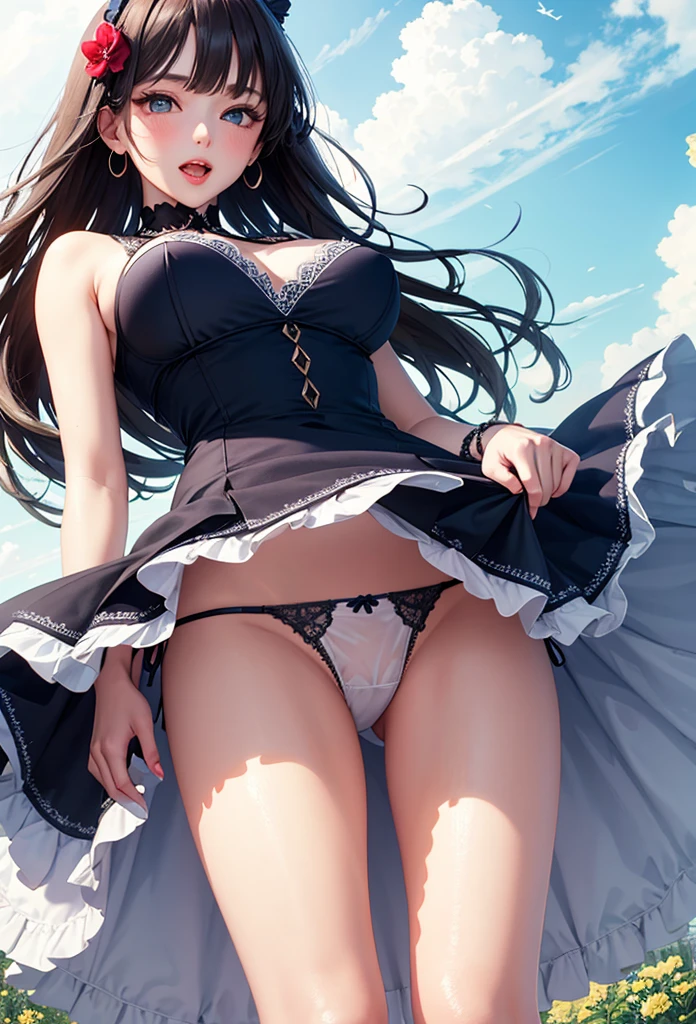 A beautiful girl wearing a navy blue dress posing for a photo, anime girl, in the park, ta style dress with ruffles and lace, (flower printed elegant dress skirt), low-cut chest, blue sky and white clouds, windy day, white stockings above the knee, (looking at the viewer), brown hair, bangs, swept bangs, long hair, wavy hair, shiny hair, expressive hair, hair flower, hair ribbon, jewelry, aqua eyes, glowing eyes, pupils sparkling, earrings, open mouth, blush, tongue, happy, red lips, glossy lips, upper teeth, naughty face, big rounds breasts, slim waist, beautiful and detailed legs, cute thighs, full body, well defined body, fine lace panties, (showing elegant panties:1.4), exposed panties, skirt lift, upskirt, wind blowing up dress skirt, high detail, ultra-detailed, anime, dithering, beautiful illustration, depth of field, pov, low angle, from below, perspective, panorama, game cg, NSFW, Wide-Angle, f/1.8, 85mm, Sony FE GM, 8k, super detail, UHD, retina, masterpiece, accurate, anatomically correct, textured skin, highres, 16k