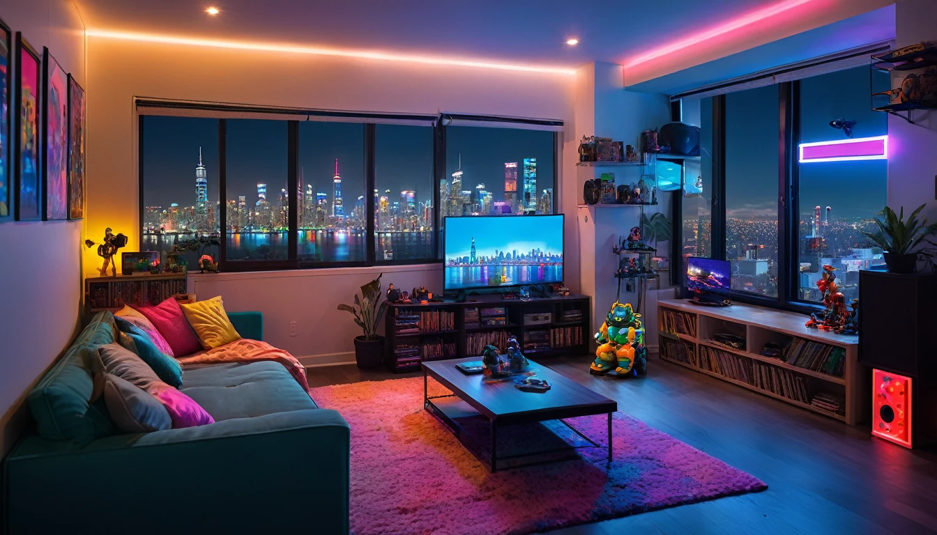 night time setting inside small apartment living room with big screen tv on wall, neon lights, games, action figures, view of city skyline,