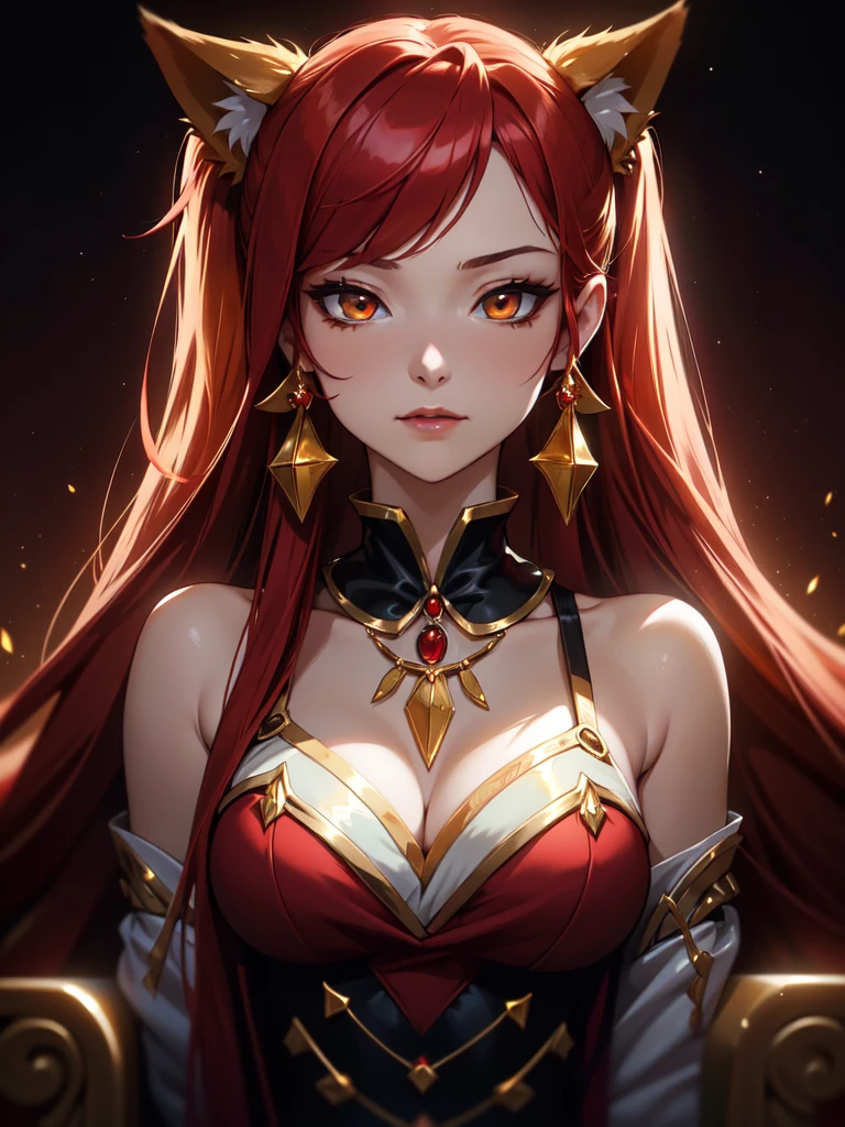 (((Portrait Photo))), She has a Radiant and Elegant Appearance of a -Yeld, w a Delicate yet Confident Demeanor. Her Long, Vibrant Red Hair is Tied in Twin Tails, Accentuated by Fox-like Ears that Give Her a Mystical Aura. Her Golden Eyes Shine with a Mysterious and Alluring Gleam. She Wears a Regal Black Outfit with Gold Accents, Highlighted by a Luxurious Necklace with a Large Red Gem. Her Expression is Serene and Commanding, Sitting with Grace and Authority, Exuding a Sense of Power and Enchantment. (((High Quality, Dark Background))), (((Portrait Photo)))