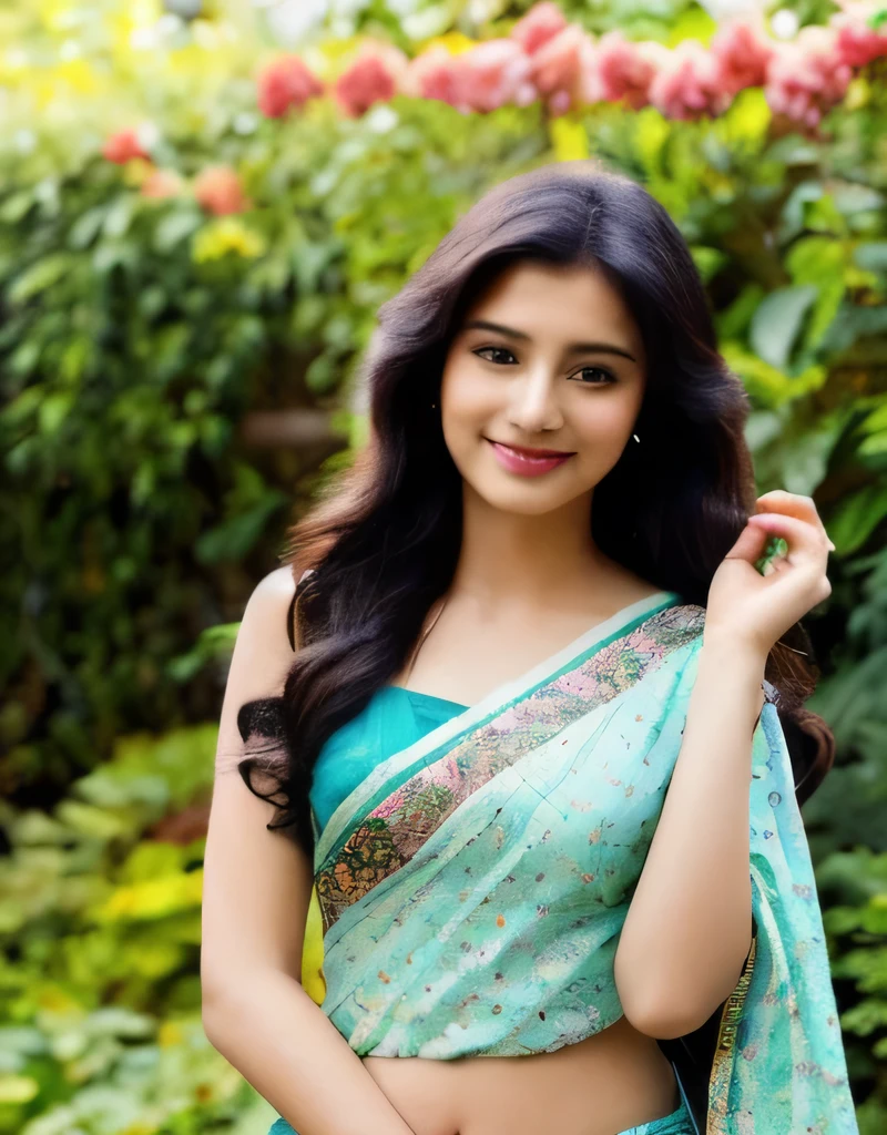 A beautiful Indian woman poses in a garden . She wears a Traditional Indian Saree, atmosphere of the fantasy , her long black hair is styled in soft waves, her whole body, cute and happy , teenager , cute , smile