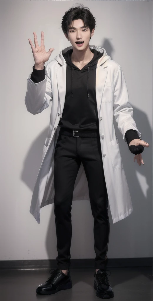 (OK Sign.:1.3),(photorealistic:1.2), (high detail face:1.3), (high detail hands:1.3), (anatomically correct hands:1.2), handsome young asian man, Japanese idol style, short clean-cut hair, ((center part)), (crisp white lab coat:1.3), ((black hoodie underneath:1.2)), (black pants:1.2), (black shoes:1.2), (enthusiastic expression:1.3), ((explain pose:1.4)), (both arms raised:1.3), (clenched fists:1.3), (energetic stance:1.2), plain white background, mid-shot portrait, full body view, high quality, detailed, 8K, (realistic skin texture:1.2), (sharp focus:1.1), (contrast between white coat and black clothing:1.2)