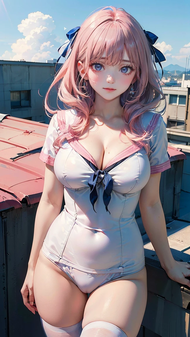 ((Highest quality, 8k, masterpiece :1.3)), (Sharp focus :1.2, Beautiful woman with perfect figure :1.4, Slim Abs), ((Big Breasts, Emphasize cleavage:1.2)), (Photorealistic:1.4), (realistic:1.4), (Pink Hair:1.5), Highly detailed face and skin texture, Fine grain, double eyelid. Makeup face, A little bit of lipstick, sex appeal, Sexy gravure pose, ((She was wearing a white sailor suit with a blue ribbon as a highlight.、A high school girl with medium-long black hair、Posing sexy in the wind on the school roof。The blue sky spreads in the background。:1.3)