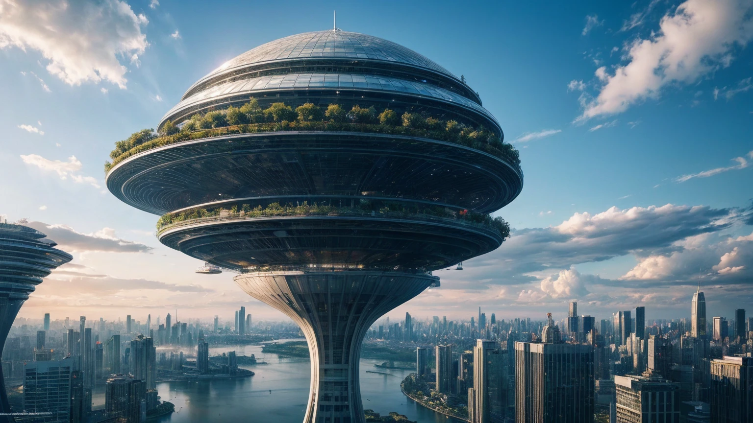 (Best quality,4K,8K,A high resolution,Masterpiece:1.2),Ultra-detailed,(Realistic,Photorealistic,photo-realistic:1.37),Futuristic floating city,Futuristic technology,Huge urban high-tech tablet platform,Airship,Floating in the sky,Futuristic city,Small airships around,High-tech hemispherical platform,Colorful lights,Advanced architecture,modernn architecture,skyscrapper,Access the cloud,Scenic beauty,view over city,Impressive design,Blend seamlessly with nature,energetic and vibrant atmosphere,Futuristic transportation system,Parking is suspended,Transparent path,Lush greenery,Sky gardens,cascading waterfalls,Magnificent skyline,reflections on the water,Sparkling river,Architectural innovation,futuristic skyscrapers,Transparent dome,The shape of the building is unusual,Elevated walkway,Impressive skyline,Glowing lights,Futuristic technology,Minimalist design,Scenic spots,Panoramic view,Cloud Piercing Tower,Vibrant colors,epic sunrise,epic sunset,Dazzling light display,magical ambiance,The future city,Urban Utopia,LuxuryLifestyle,Innovative energy,sustainable development,Smart city technology,Advanced infrastructure,Tranquil atmosphere,Nature and technology live in harmony,Awesome cityscape,Unprecedented urban planning,Architecture connects seamlessly with nature,High-tech metropolis,A cutting-edge engineering marvel,The future of urban living,Visionary architectural concept,Energy-efficient buildings,Harmony with the environment,A city floating above the clouds,Utopian dreams become reality,The possibilities are endless,State-of-the-art transportation network,Green energy integration,Innovative materials,Impressive holographic display,Advanced communication system,Breathtaking aerial view,Quiet and peaceful environment,Modernist aesthetics,Ethereal beauty