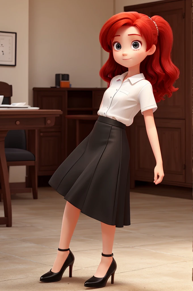 girl, ager, red hair, white shirt, black tie, black skirt, black heels