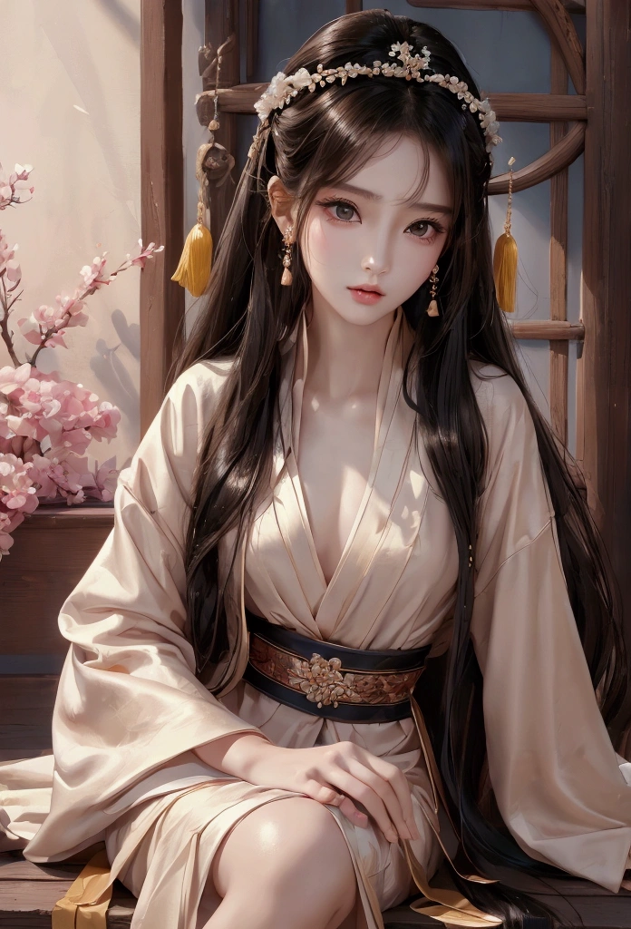 Best image quality、8k、masterpiece:1.3))、Realistic high-quality photos、Highest quality、 Beautiful face、Photos of slim models、Beautiful girl model、Young and pretty face、Beautiful model girl、A lovely and delicate face、Black Hair、Beautiful brown eyes、Young Body、Hanfu, (emphasize)、from the front、Camera gaze,、Anatomically correct、胸の谷間をemphasize、whole body、13-year-old female model