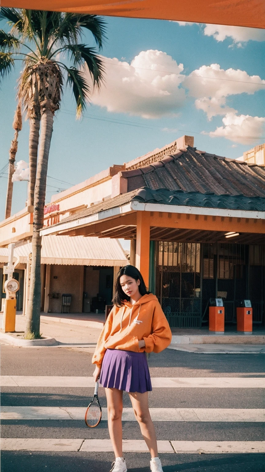 (medium cinematic shot portrait), of cute 23 yo girl (perfect plump body) ,wear ((orange color oversized_hoodie)), wear ((purple tennis skirt)),looking front,Best Quality,Masterpiece,Ultra High Resolution,(Realisticity:1.4),Original Photo, 1Girl, light leak,ultra high resolution,UHD,beautiful, (black bob hair), almond eye, no makeup, in front of ((80's colorful gas station)), (realistic:1.2), (surreal:1.3), (very detailed:1.1), ((masterpiece)),summer, blue sky, palm trees,sunny, los angles vibes,film camera, 800mm lens,style of Philip Lorca diCorcia