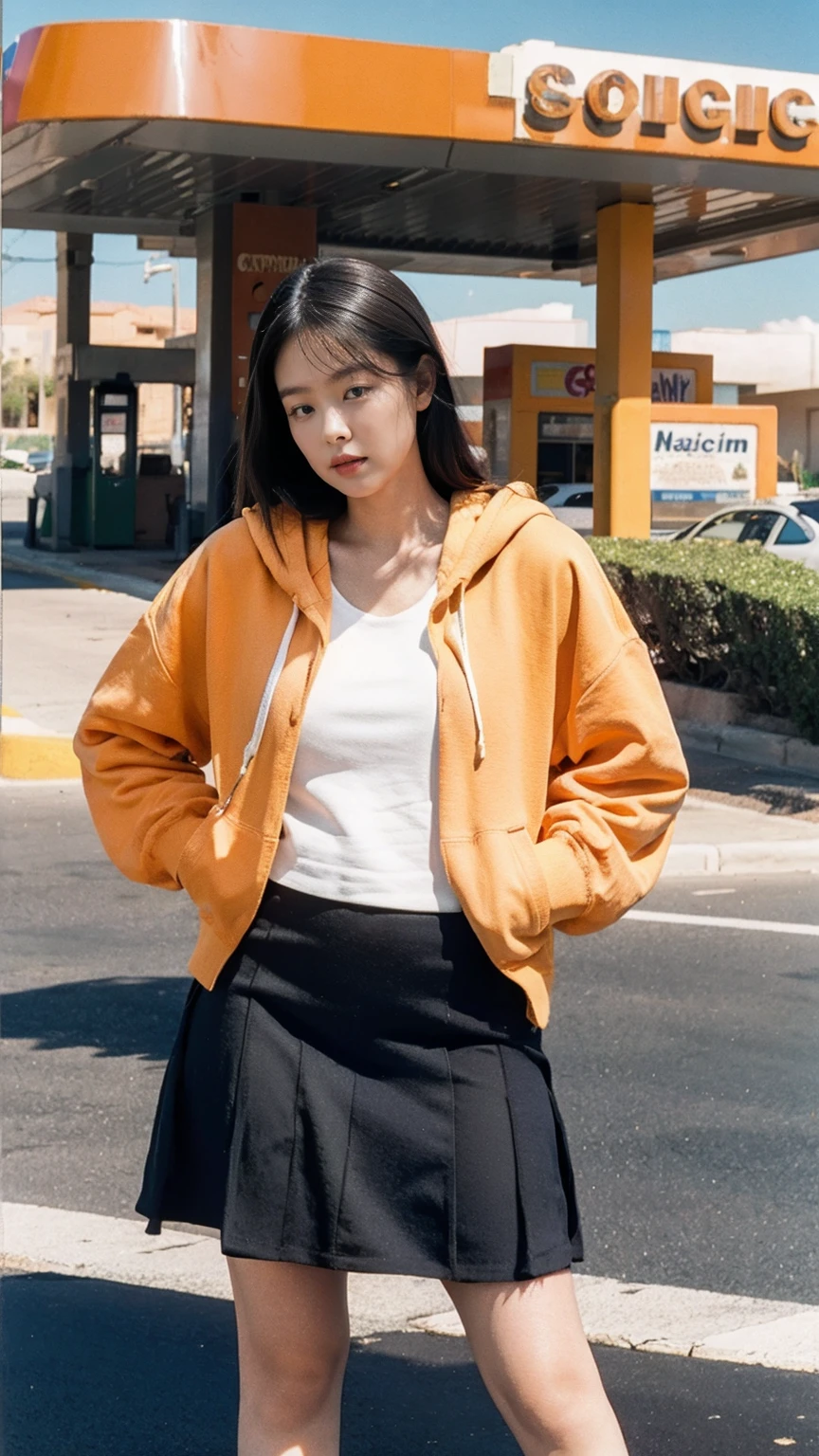 (medium cinematic shot portrait), of cute 23 yo girl (perfect plump body) ,wear ((orange color oversized_hoodie)), wear ((purple tennis skirt)),looking front,Best Quality,Masterpiece,Ultra High Resolution,(Realisticity:1.4),Original Photo, 1Girl, light leak,ultra high resolution,UHD,beautiful, (black bob hair), almond eye, no makeup, in front of ((80's colorful gas station)), (realistic:1.2), (surreal:1.3), (very detailed:1.1), ((masterpiece)),summer, blue sky, palm trees,sunny, los angles vibes,film camera, 800mm lens,style of Philip Lorca diCorcia