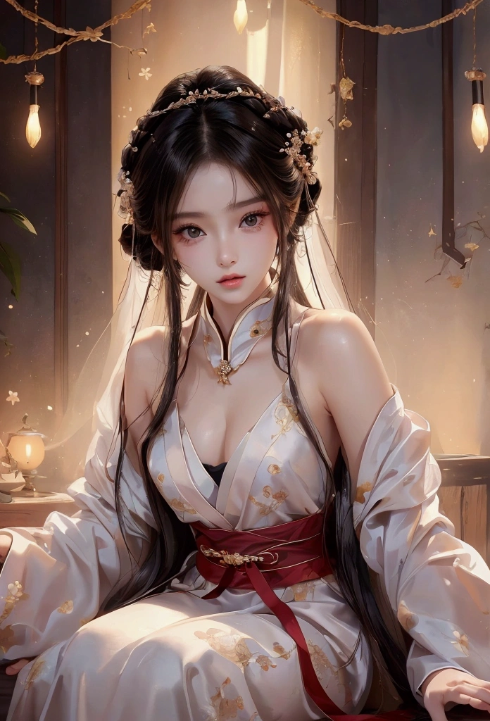 Best image quality、8k、masterpiece：1.3))、Realistic high-quality photos、Highest quality、 Beautiful face、Photos of slim models、Beautiful girl model、Young and pretty face、Beautiful model girl、A lovely and delicate face、Black Hair、Beautiful brown eyes、Young Body、Hanfu, (emphasize)、from the front、Camera gaze,、Anatomically correct、胸の谷間をemphasize、whole body、13-year-old female model