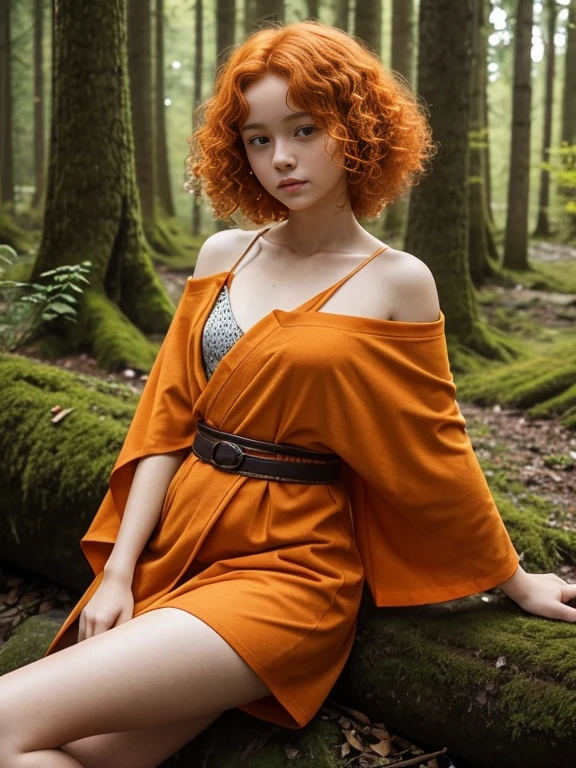  girl, Lovely, orange hair, Very short, Very curly, slim, flat bust, with freckles on the face, with slavic features, with Kimono, bare shoulder and chest, Whole body, shows her legs, In the woods.