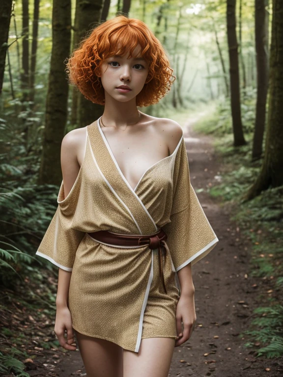 15 year old girl, Lovely, orange hair, Very short, Very curly, slim, flat bust, with freckles on the face, with slavic features, with Kimono, bare shoulder, Whole body, shows her legs, In the woods.