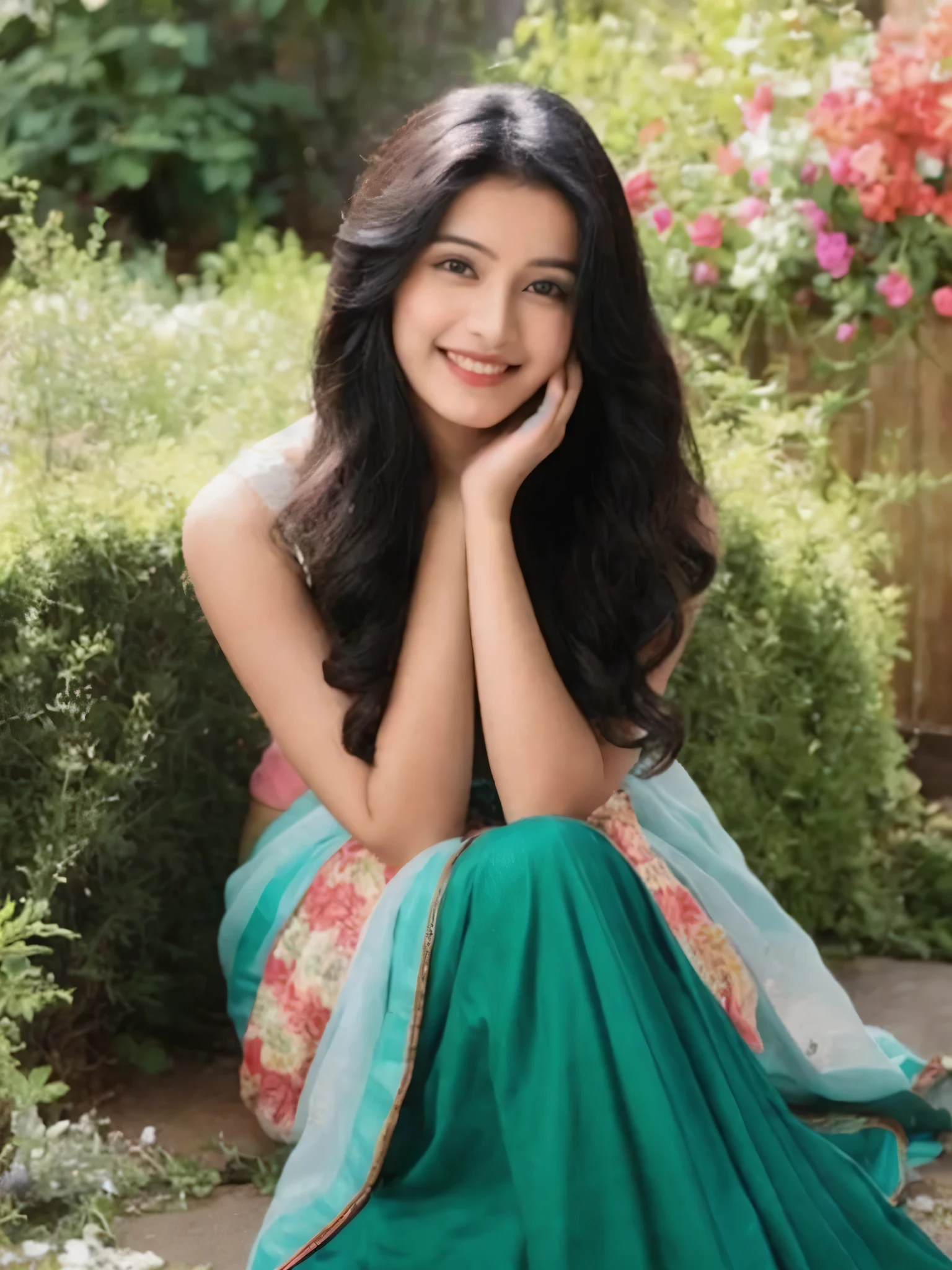 A beautiful Indian woman poses in a garden . She wears a Traditional Indian Saree, atmosphere of the fantasy , her long black hair is styled in soft waves, her whole body, cute and happy , teenager , super cute , smile