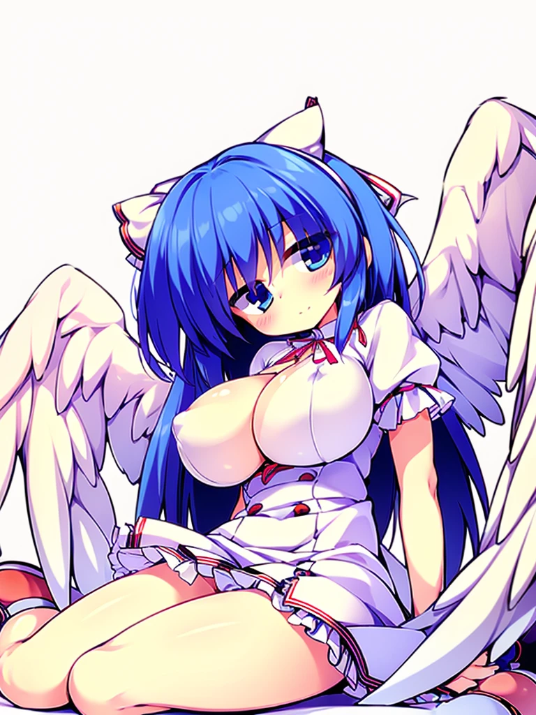 (best quality,4k,8k,highres,masterpiece:1.2), top-quality(masterpiece), top-quality, ultra-detailed, highly detailed texture, intricate details, high quality textures, A cute age angel with blue eyes, big pink ribbon in her hair, drawn in anime style, 1girl, (((1girl in))), , 10 y(loli))), ((child), medium blue hair, hair flaps, pink ribbon on head, well-formed face, Beautiful face, blue eyes, pretty eyes, angel girl, white blouse, puffy short sleeves, red ribbon, angel wings, long white skirt, red shoes, frills, ribbon head, A pair of angel wings on the back, clean line drawings, cute, from behind, to lift up one’s skirt, cowboy shot, from front, standing , raise one leg, crossed arms, arms up behind, arms behind back, hand between legs, put hands hip, one hand on hip, forward hands, arms raised in the air, punch hands, peace sign, waving, put up index finger, sit, lie down, closed eyes, lie face down, looking back, put one hand chest, leaning forward, cleavage, close up, horizontally outstretched arms, horizontally outstretched legs, front view, front face, huge breasts for short stature, cleavage is clearly visible ,G-Cup