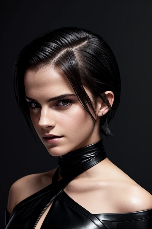 Gorgeous european woman with short hair, short ponytail, wet hair, hair slicked back, combed straight back, slick hair, streaked black hair, seductive pose, emma watson, dressed as trinity from the matrix, cleavage, solid dark grey background