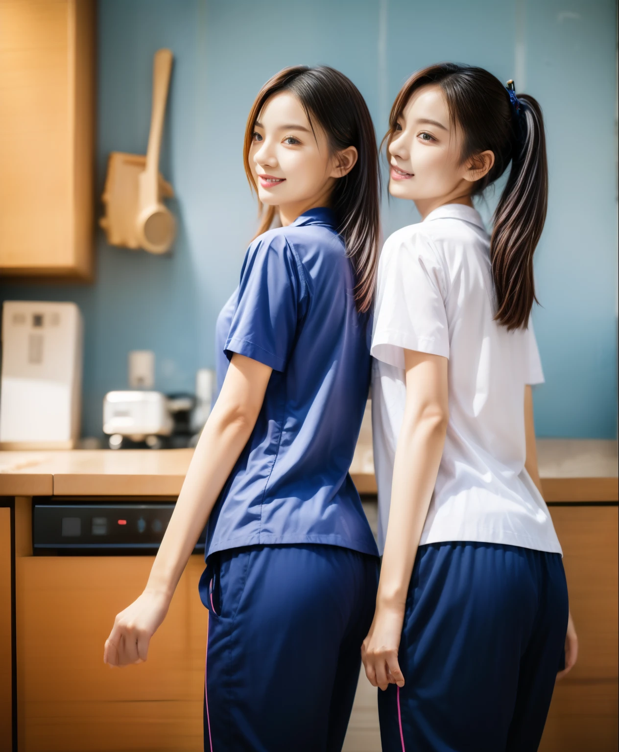 (best quality,10,10,height,Masterpiece:1.2),Special details,(realistic,ภาพrealistic,Realistic photos:1.37),1 Cute girl in the kitchen,shiny, ผิวshiny,only,smile softly,BDclothelue shirt:1.3)),short sleeve,shirt, กางเกงขาlong.,(navy_long_track pants:1.1), ((Kitchen Background)),Dynamic angle,excited,Face focus,dynamic poses,from behind,focus on ass,Masterpiece, best quality, ultra realistic, hyper detail, 8k resolution, raw photos, Sharp focus, ((Navy blue shirt:1.1)), short sleeve, เส้นทางlong, perfect body, 2 mature women, 18 years old, Cinema-grade lighting system,blue sweatpants,shirtผ้าออกกำลังกาย,correct anatomy,perfect body, correct body, Sharp face, correct bodyทางกายวิภาค, full body, realistic gestures, long-haired, realistic poses,Wear long shorts...........................,ช่วงขาlong,Good shape,carved girl, Slender figure, model, Good shape, beautiful body,blue sweatpants, two girls kissing
