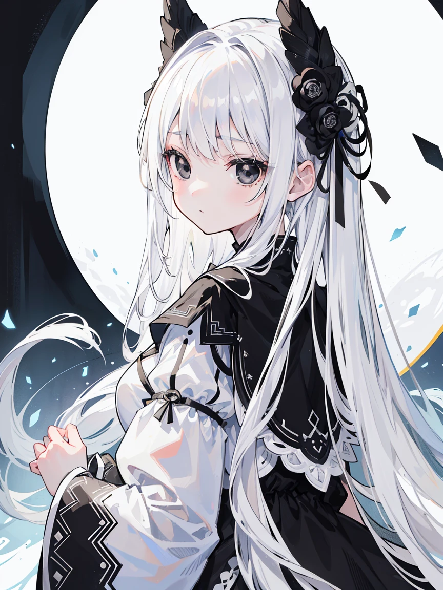 (Top image quality)、(Very detailed)、(Facing forward)、Top quality、masterpiece、(((1 girl )))、Silver Hair、White hair、((Long hair))、Weaving、(black eyes:1.6)、(White and black cheongsam)、Hooded dress、Lots of decorations、Lots of ribbons、White Ribbon、ruthless、Fluffy loose hair