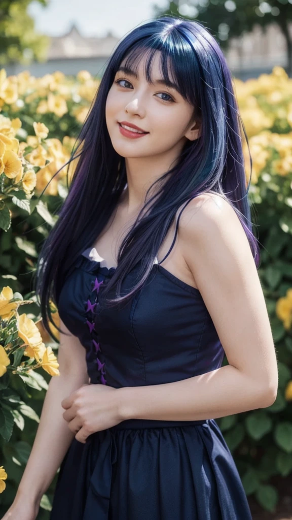 (Absurd, High resolution, Super detailed), masterpiece, Hinata(bolt), ((alone)), One girl,Medium chest, Long purple Victorian dress, Mouth closed, (((Long Hair))),Are standing, Bodice and skirt patterns, Frilled Skirt, race, Blinking blinking effect, (((Detailed lips))), garden, Pink and yellow flowers, ((Realistic Skin)), Glowing Skin, ((Glossy Red Lips)), Purple eyes, Portraiture, beautiful, smile, (((Dark blue hair))), Bust Crop, Normal skin