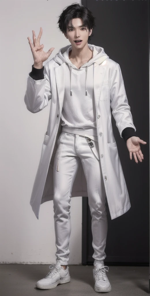 (OK Sign.:1.7),(photorealistic:1.2), (high detail face:1.3), (high detail hands:1.3), (anatomically correct hands:1.2), handsome young asian man, Japanese idol style, short clean-cut hair, ((center part)), (crisp white lab coat:1.3), ((black hoodie underneath:1.2)), (black pants:1.2), (black shoes:1.2), (enthusiastic expression:1.3), ((explain pose:1.4)), (both arms raised:1.3), (clenched fists:1.3), (energetic stance:1.2), plain white background, mid-shot portrait, full body view, high quality, detailed, 8K, (realistic skin texture:1.2), (sharp focus:1.1), (contrast between white coat and black clothing:1.2)