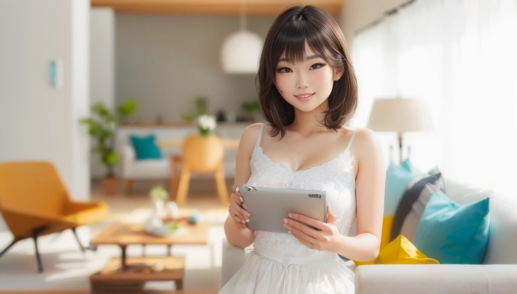 masterpiece, realistic, photorealistic, best quality, beautiful detailed, natural lighting, sharp focus, depth of field, slim body, abs:1.2, cleavage, best quality real texture skin, Detailed beautiful delicate face and eyes, beautiful Japanese young woman, eyes open, looking at viewer, best quality real texture skin, Detailed beautiful delicate face and eyes, double eyelid, smile:1.2, white teeth:1.2, very short straight brown hair,