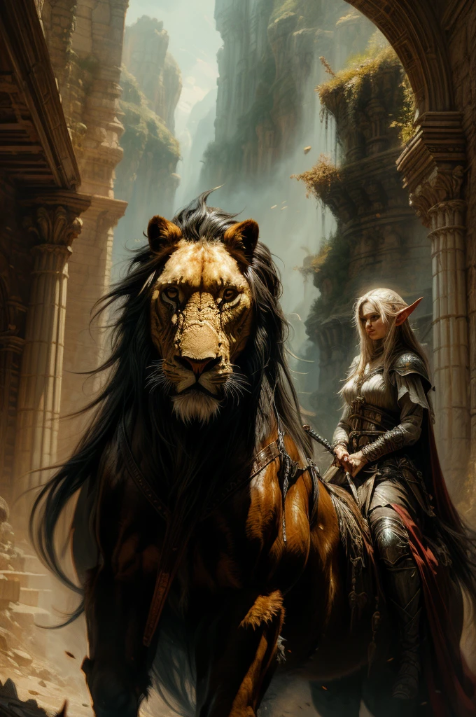 Masterpiece, Best quality, Ultra-detailed, illustration, epic lighting, Cinematic composition. fantasy, a elf paladin girl riding large long mane lion. oil painting