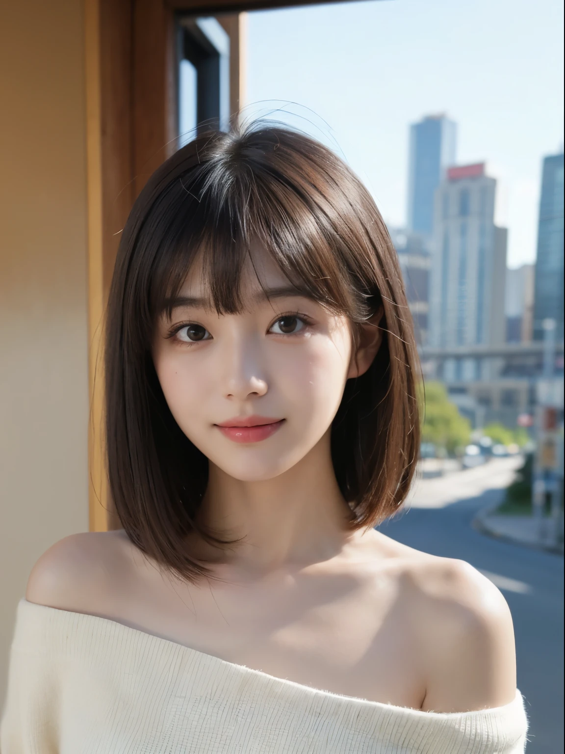 (8k, Top quality, Masterpiece:1.2), (Realistic, photo-realistic:1.37), Super detailed, perfect anatomy, cute, small eyes, a Japanese, girl, 18 years old, off shoulder, blunt bangs, cityscape, half smile,