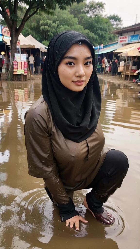 A beautiful Asian girl wearing a long black hijab was shopping at a traditional market then she fell in a puddle of mud until her breasts were dirty from the splash of mud, without any clothes on.