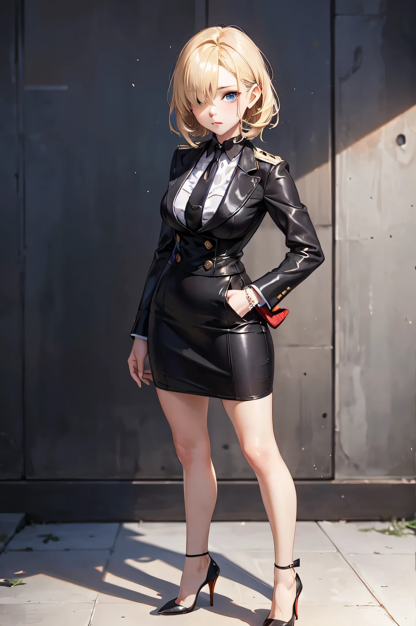 European girl portrait,alone,20-year-old,Beautiful Face,Upper Body,Hair on one eye,Medium Sidecut, Blonde, Sharp focus,Black Uniform,Tight Skirt,(High heels:1.5),Highest quality,masterpiece,masterpiece