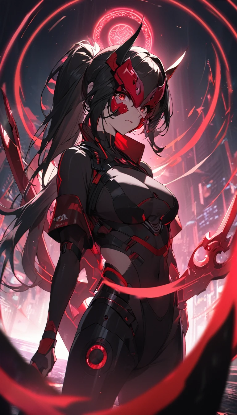 A woman,matured, perfect anatomy,wearing a full face cyberpunk mask,long pony tail hair(black hair),red aura,red magic circle,long demon blade with eyes on it, cinematic lighting, cinematic angle,