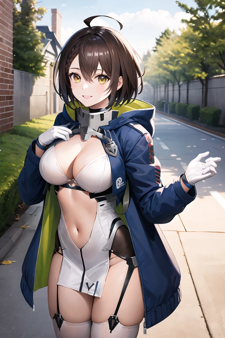 masterpiece, Highest quality, High resolution, Abarthi, short hair, Ahoge, French Braid, Hooded coat, Blue coat, Open Court, Clippings under the chest, Center opening, Long sleeve, White gloves, Garter Straps, Pelvic Curtain, Knee socks, Cowboy Shot, Are standing, Outdoor, smile