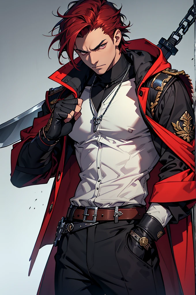 The male character has short, dark red hair styled in a slightly messy yet deliberate manner. His eyes are a striking amber, exuding a sense of confidence and determination. He has a stern and focused expression. He wears a black, high-collared coat with silver buttons and intricate detailing, reminiscent of a military or ceremonial uniform. The coat flows down dramatically, with a vibrant red inner lining that adds a bold contrast to his appearance. Attached to the coat is a hood that frames his face, adding an element of mystery and stealth.
Underneath the coat, he sports a fitted, black, buttoned shirt paired with black pants and a belt adorned with a chain, completing his sleek and polished look. He has fingerless gloves on his hands, adding a touch of ruggedness. Around his neck, he wears a silver necklace that complements his overall attire. The character wields a katana with a beautifully detailed hilt, reinforcing his warrior persona.
In addition to the katana, he carries another sword, the size of a dagger. This secondary weapon is broken, with its blade jagged and incomplete. Its sheath is adorned with a small piece of cloth, giving it a weathered and battle-worn appearance. His stance and expression reflect a formidable and confident demeanor, ready for any challenge.