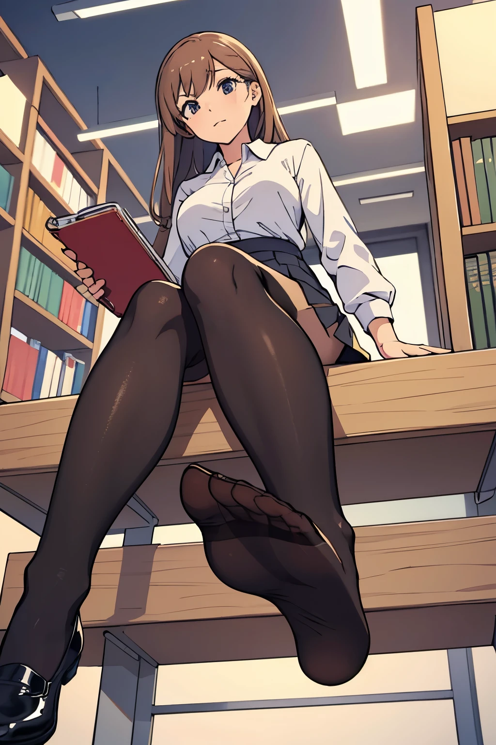 Sitting,I stretched my legs,Pantyhose,shirt,skirt,library,shoes removed,Zoom on the soles of your feet,Angle from below,