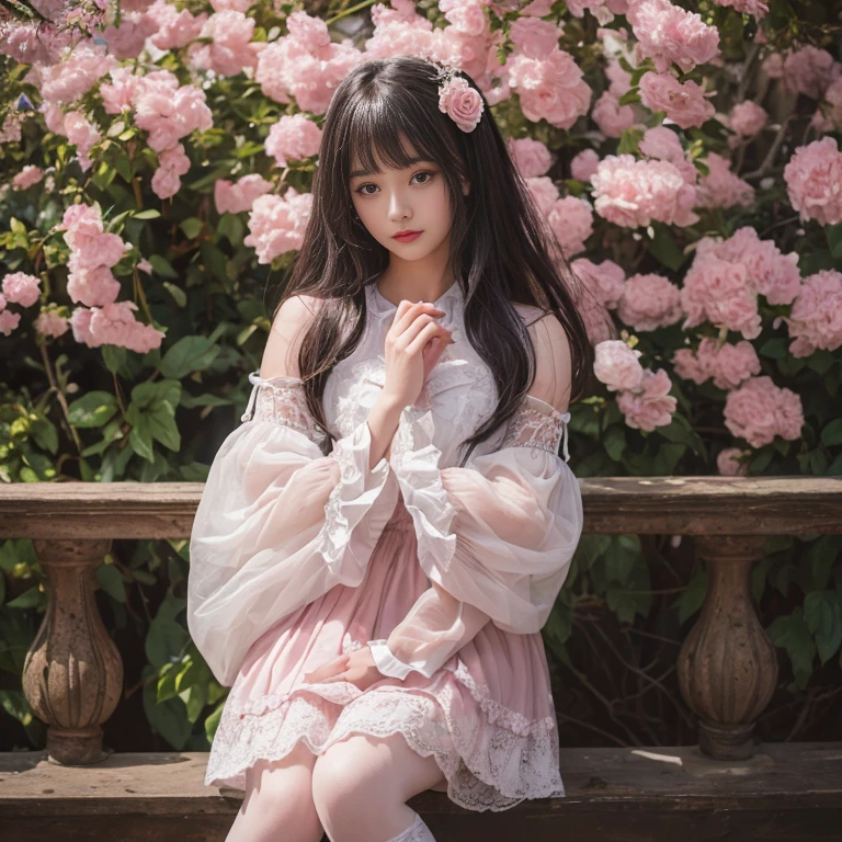 best quality, masterpiece, lifelike, 1 girl, solitary, eternity, black hair, Long curly hair, Bangs, laugh out loud, layered lace skirt, Puff sleeves, Wide sleeves, Transparent sleeves, flower, Detailed Background, Delicate face,pink blush,White,knee socks, pink shoes,cold,lots of lace,((masterpiece))、(top quality)、8k、high detail、Super detailed、 21 years old female,masterpiece、born、intricate details showcase the ruffles and intricate designs of the Lolita dress、fair、magic、realism、Visual effects、FXAA、SSAO、Shader、voiceless、ambient lighting、Tone mapping、High resolution、Ultra high quality、Million pixels、(8k resolution:1.10)、8k resolution、high detail、intricate details、 (high quality:1.2、masterpiece:1.2、:1.21)、(21 years old female),Landscape photos