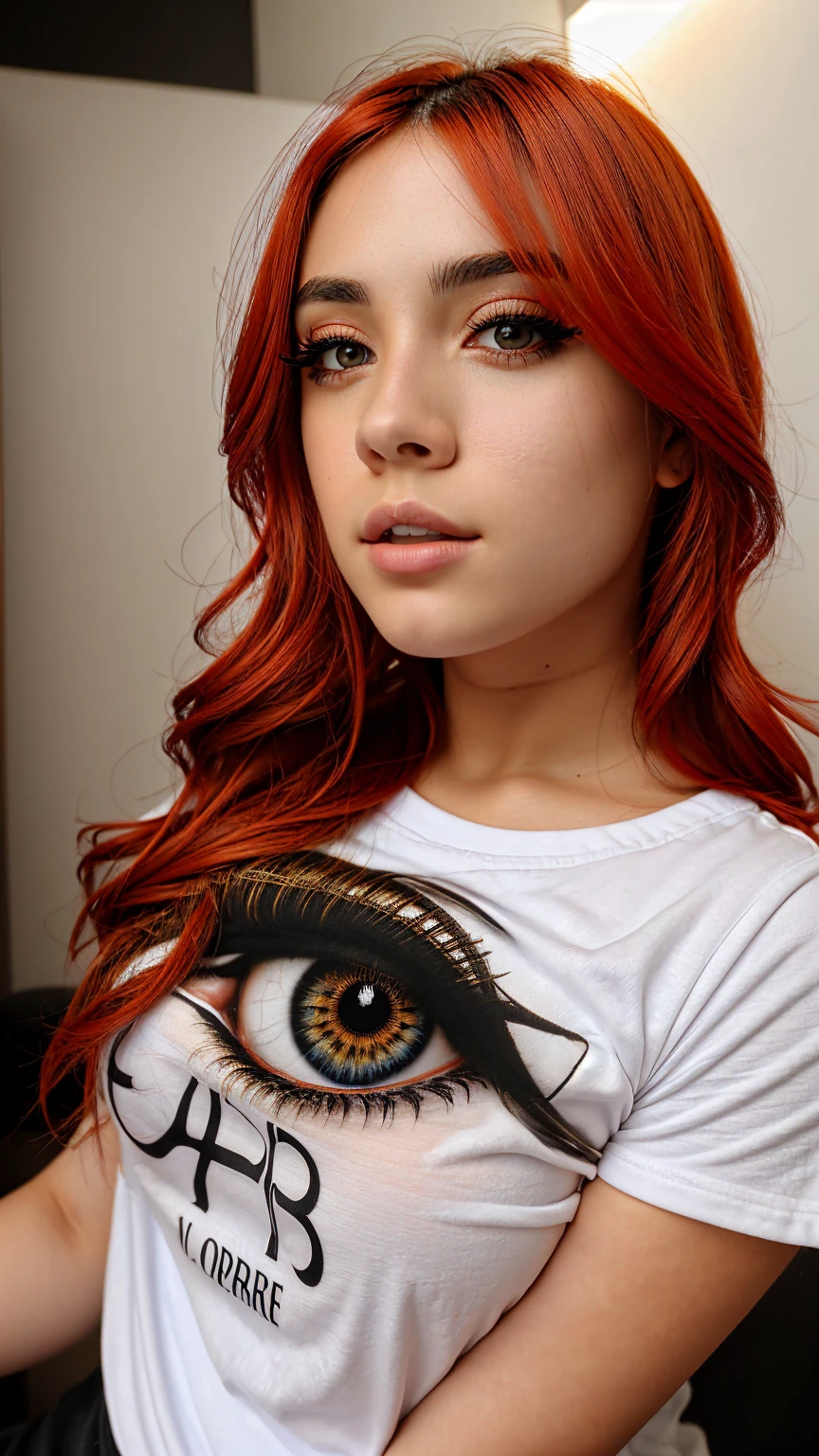 photography portrait of a woman wearing large tshirt, professional photography, ultra detailed eyes, 