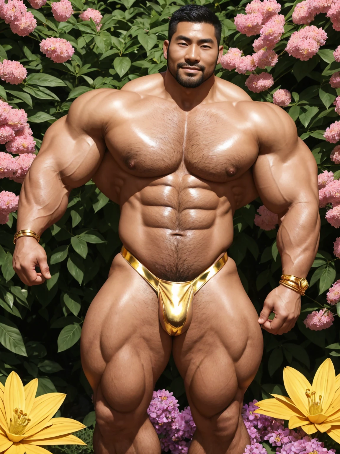 There is only one handsome Chinese man in the photo，35 years old，tall, Fitness，Smooth body，Smooth skin，No chest hair，short hair, O-Shaped Beard，Perfect body, Dark skin color，Radiant Skin，Smooth skin，Shiny, shiny skin，Smooth pectoral muscles，Muscle bulge, muscular, Very large pectoral muscles，Very sexy abdominal muscles，Very well-developed leg muscles，Huge concave and convex area，Brightens oily skin，Wearing a shiny gold leather thong，Handsome face，Normal human toes，Correct and accurate male body proportions，Gold Collar，Gold bracelet，Gold anklets，Stand among the flowers，The background is full of flowers。
