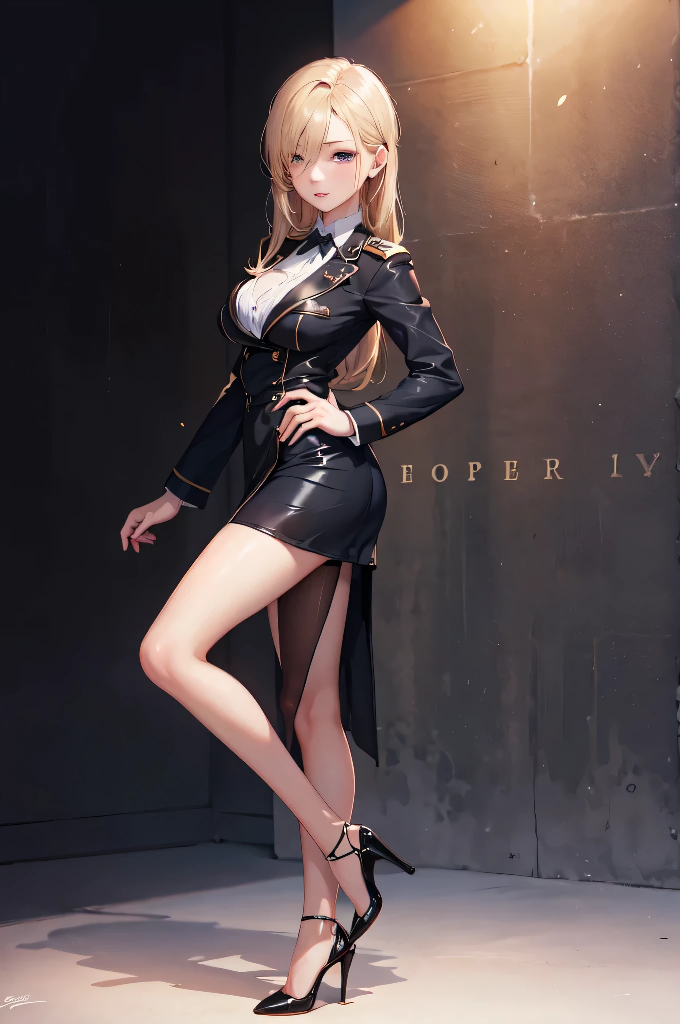 European girl portrait,alone,20-year-old,Beautiful Face,Upper Body,Hair on one eye,Medium Sidecut, Blonde, Sharp focus,Black Uniform,Tight Skirt,(High heels:1.5),Highest quality,masterpiece,masterpiece