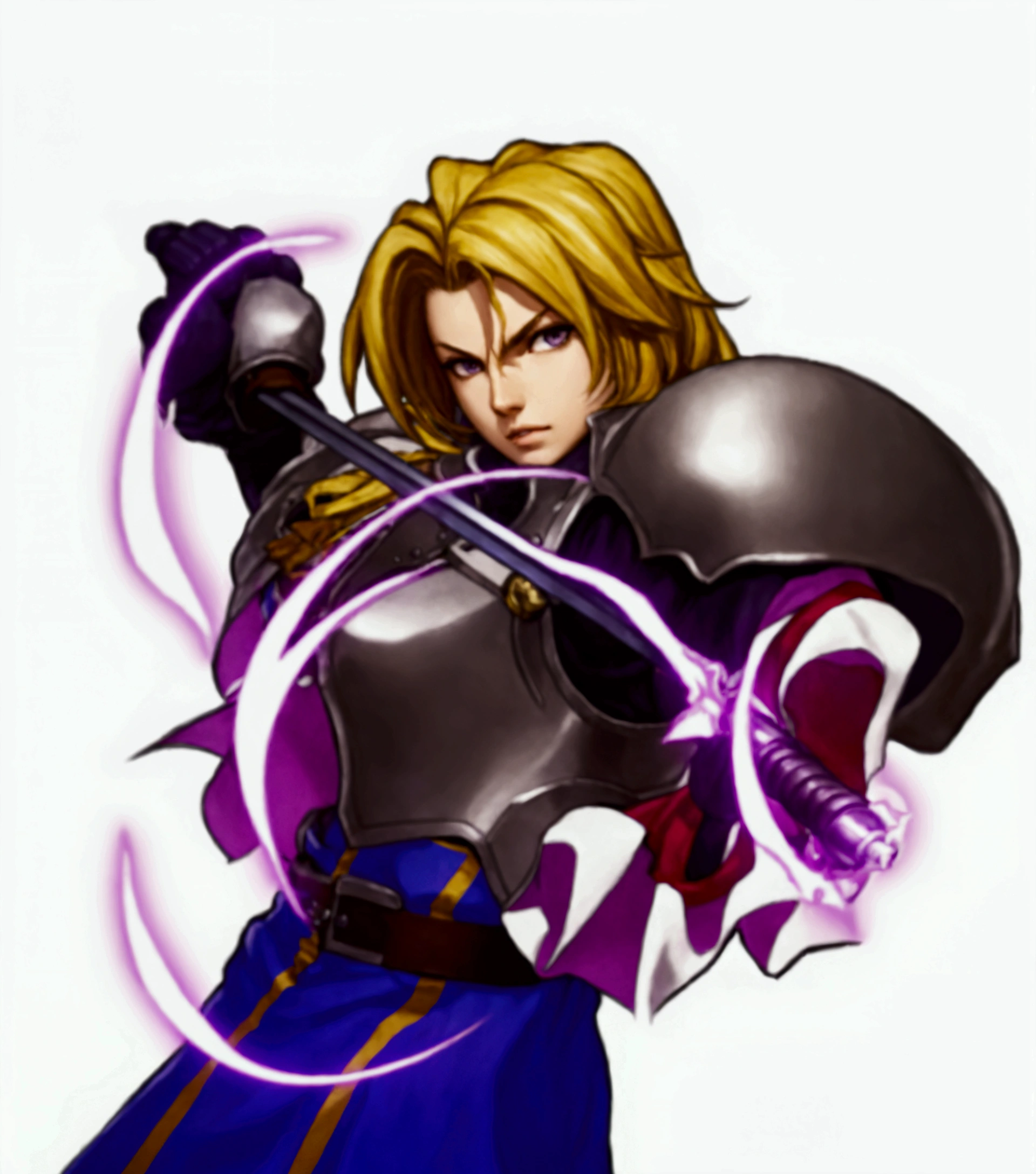 a close up of a person holding a sword and a purple light, fighting game character, unknown, natalie from epic battle fantasy, final fantasy tactics character, official character art, portrait knights of zodiac girl, knights of zodiac girl, sigma female, leaked image, dio brando, character from king of fighters, inspired by Li Chevalier, as a character in tekken